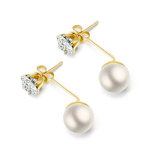 Open image in slideshow, Pearl Earrings Gold, Silver or Rose Gold Pearl Drop Earrings with a brilliant cubic zirconia stud suspended with 10 mm manmade pearl
