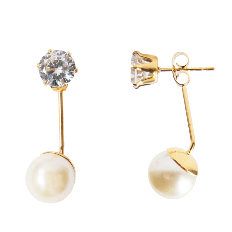 Pearl Earrings Gold, Silver or Rose Gold Pearl Drop Earrings with a brilliant cubic zirconia stud suspended with 10 mm manmade pearl